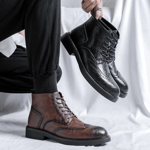 Men's Black Leather Brogue Ankle Boots – Classic Wingtip Lace-Up Dress Boots for Formal and Casual Wear