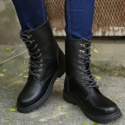 Men's Black Leather Combat Boots with Foldable Collar - Rugged Lace-Up Military Style Ankle Boots for Outdoor Wear