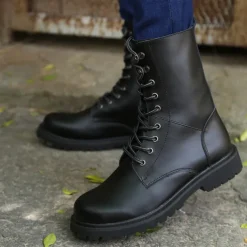 Men's Black Leather Combat Boots with Foldable Collar - Rugged Lace-Up Military Style Ankle Boots for Outdoor Wear