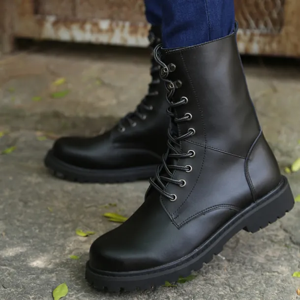 Men's Black Leather Combat Boots with Foldable Collar - Rugged Lace-Up Military Style Ankle Boots for Outdoor Wear