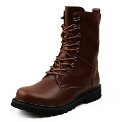 Men's Black Leather Combat Boots with Foldable Collar - Rugged Lace-Up Military Style Ankle Boots for Outdoor Wear