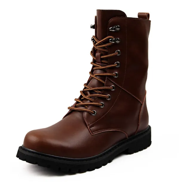 Men's Black Leather Combat Boots with Foldable Collar - Rugged Lace-Up Military Style Ankle Boots for Outdoor Wear