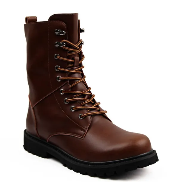 Men's Black Leather Combat Boots with Foldable Collar - Rugged Lace-Up Military Style Ankle Boots for Outdoor Wear