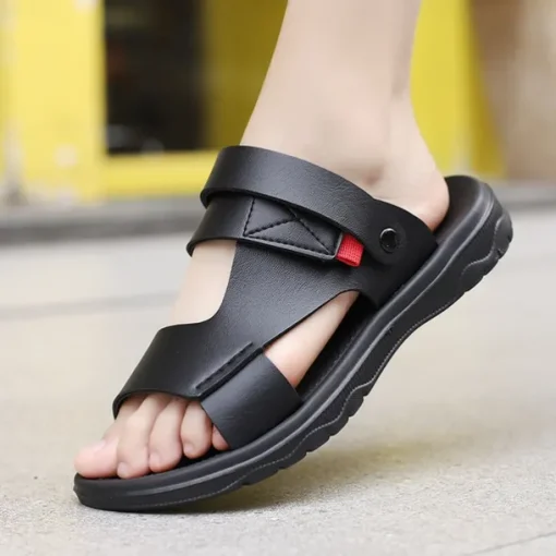 Men's Black Leather Sandals with Adjustable Velcro Strap and Stylish Red Accent, Comfortable for Casual, Outdoor and Summer Wear