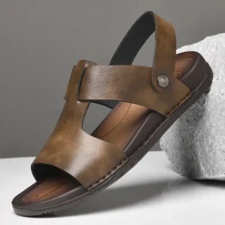 Men's Black Leather Sandals with Adjustable Strap, Stylish Cross-Design for Casual, Outdoor and Summer Wear