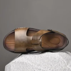 Men's Black Leather Sandals with Adjustable Strap, Stylish Cross-Design for Casual, Outdoor and Summer Wear