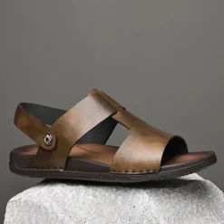 Men's Black Leather Sandals with Adjustable Strap, Stylish Cross-Design for Casual, Outdoor and Summer Wear
