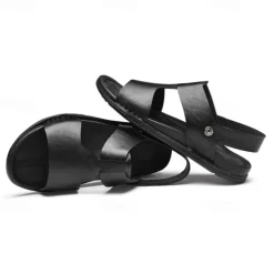 Men's Black Leather Sandals with Adjustable Strap, Stylish Cross-Design for Casual, Outdoor and Summer Wear