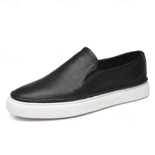 Men's Black Leather Slip-On Sneakers with Cushioned White Sole and Minimalist Design, Casual Loafers for Work, Travel and Everyday Wear