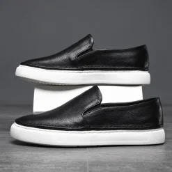 Men's Black Leather Slip-On Sneakers with Cushioned White Sole and Minimalist Design, Casual Loafers for Work, Travel and Everyday Wear