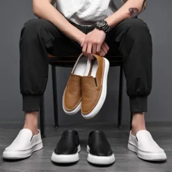Men's Black Leather Slip-On Sneakers with Cushioned White Sole and Minimalist Design, Casual Loafers for Work, Travel and Everyday Wear