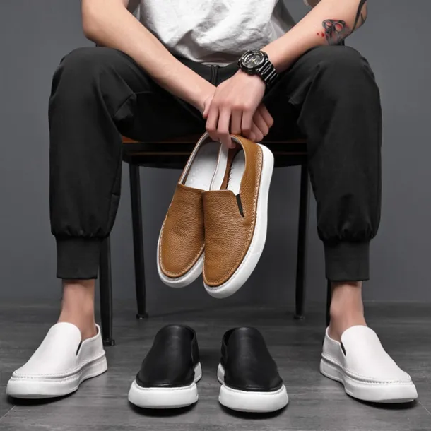 Men's Black Leather Slip-On Sneakers with Cushioned White Sole and Minimalist Design, Casual Loafers for Work, Travel and Everyday Wear