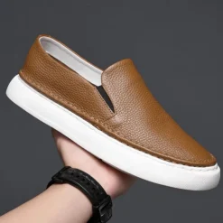 Men's Black Leather Slip-On Sneakers with Cushioned White Sole and Minimalist Design, Casual Loafers for Work, Travel and Everyday Wear