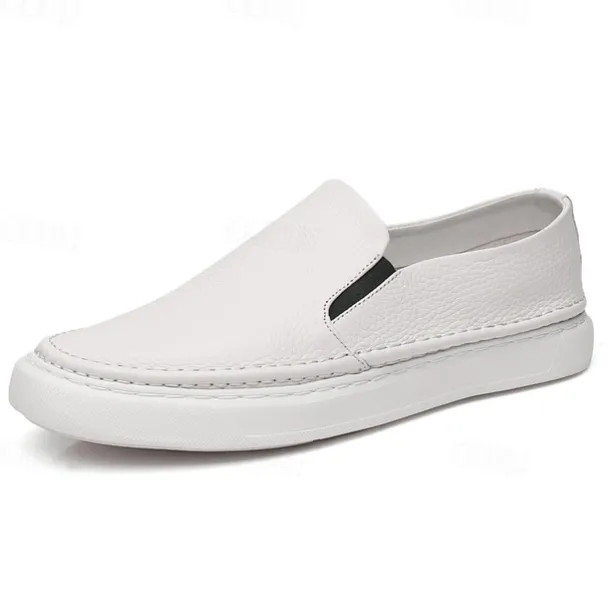 Men's Black Leather Slip-On Sneakers with Cushioned White Sole and Minimalist Design, Casual Loafers for Work, Travel and Everyday Wear