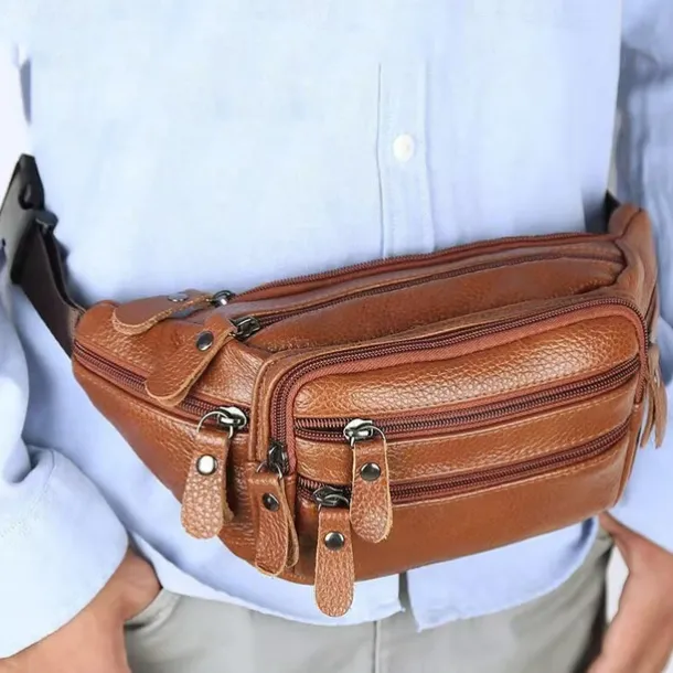 Men's Black Leather Waist Bag with Multiple Zippered Pockets - Stylish and Functional Fanny Pack for Travel and Everyday Use