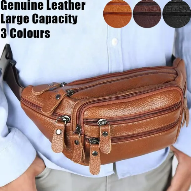Men's Black Leather Waist Bag with Multiple Zippered Pockets - Stylish and Functional Fanny Pack for Travel and Everyday Use