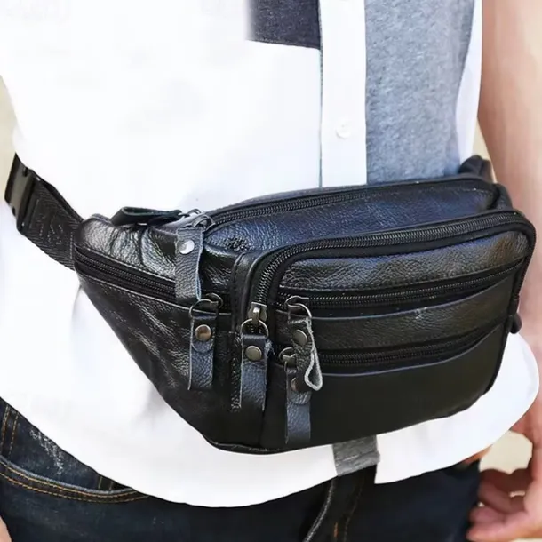 Men's Black Leather Waist Bag with Multiple Zippered Pockets - Stylish and Functional Fanny Pack for Travel and Everyday Use