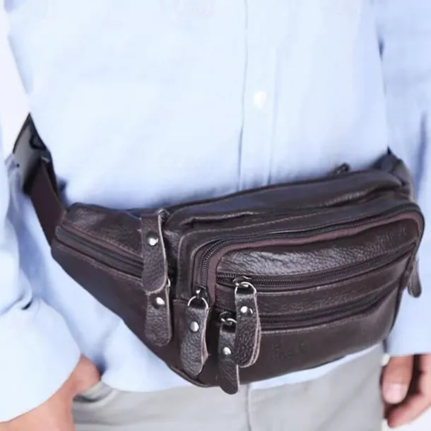 Men's Black Leather Waist Bag with Multiple Zippered Pockets - Stylish and Functional Fanny Pack for Travel and Everyday Use