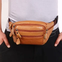 Men's Black Leather Waist Bag with Multiple Zippered Pockets - Stylish and Functional Fanny Pack for Travel and Everyday Use