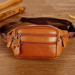 Men's Black Leather Waist Bag with Multiple Zippered Pockets - Stylish and Functional Fanny Pack for Travel and Everyday Use