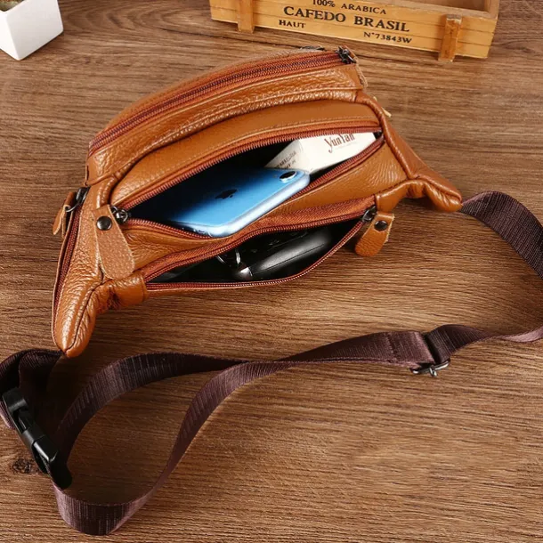 Men's Black Leather Waist Bag with Multiple Zippered Pockets - Stylish and Functional Fanny Pack for Travel and Everyday Use