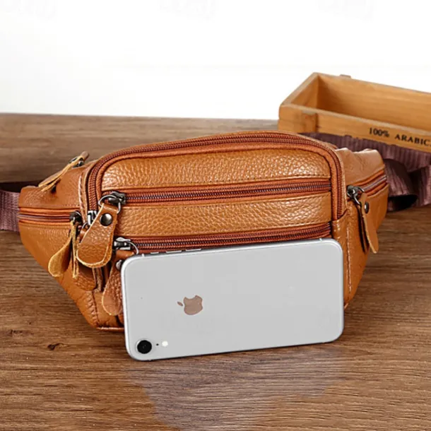 Men's Black Leather Waist Bag with Multiple Zippered Pockets - Stylish and Functional Fanny Pack for Travel and Everyday Use