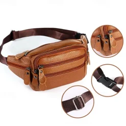 Men's Black Leather Waist Bag with Multiple Zippered Pockets - Stylish and Functional Fanny Pack for Travel and Everyday Use