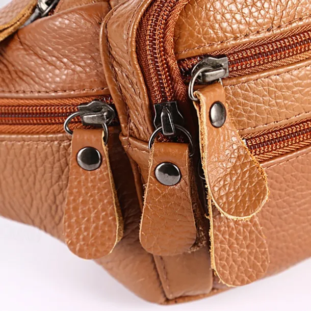 Men's Black Leather Waist Bag with Multiple Zippered Pockets - Stylish and Functional Fanny Pack for Travel and Everyday Use