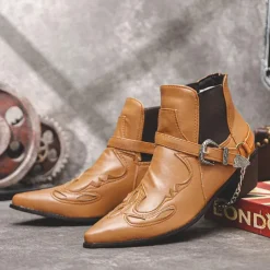 Men's Black Leather Western Motorcycle Boots - Embroidered Design with Metal Buckle and Chain for Biker and Fashion Wear