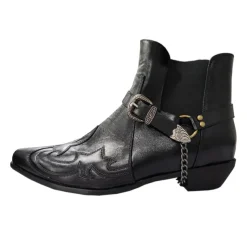 Men's Black Leather Western Motorcycle Boots - Embroidered Design with Metal Buckle and Chain for Biker and Fashion Wear