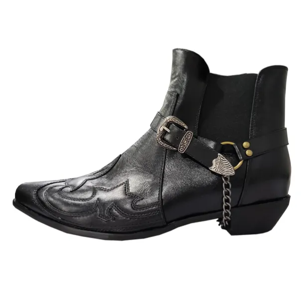 Men's Black Leather Western Motorcycle Boots - Embroidered Design with Metal Buckle and Chain for Biker and Fashion Wear