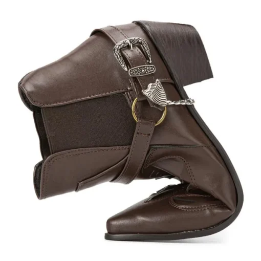Men's Black Leather Western Motorcycle Boots - Embroidered Design with Metal Buckle and Chain for Biker and Fashion Wear
