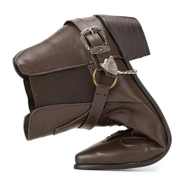 Men's Black Leather Western Motorcycle Boots - Embroidered Design with Metal Buckle and Chain for Biker and Fashion Wear
