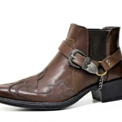 Men's Black Leather Western Motorcycle Boots - Embroidered Design with Metal Buckle and Chain for Biker and Fashion Wear