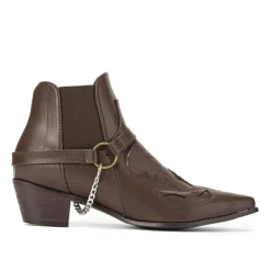 Men's Black Leather Western Motorcycle Boots - Embroidered Design with Metal Buckle and Chain for Biker and Fashion Wear