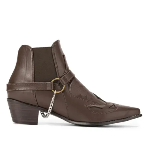 Men's Black Leather Western Motorcycle Boots - Embroidered Design with Metal Buckle and Chain for Biker and Fashion Wear