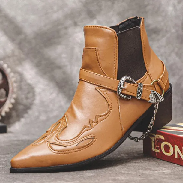 Men's Black Leather Western Motorcycle Boots - Embroidered Design with Metal Buckle and Chain for Biker and Fashion Wear