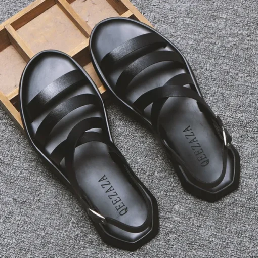 Men's Black Minimalist Faux Leather Sandals - Stylish Cross Strap Design with Buckle Closure for Summer Casual Wear