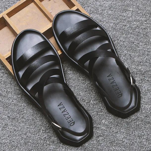 Men's Black Minimalist Faux Leather Sandals - Stylish Cross Strap Design with Buckle Closure for Summer Casual Wear