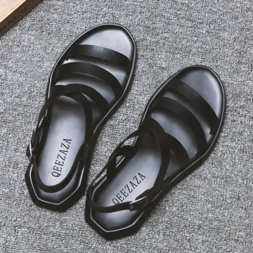 Men's Black Minimalist Faux Leather Sandals - Stylish Cross Strap Design with Buckle Closure for Summer Casual Wear