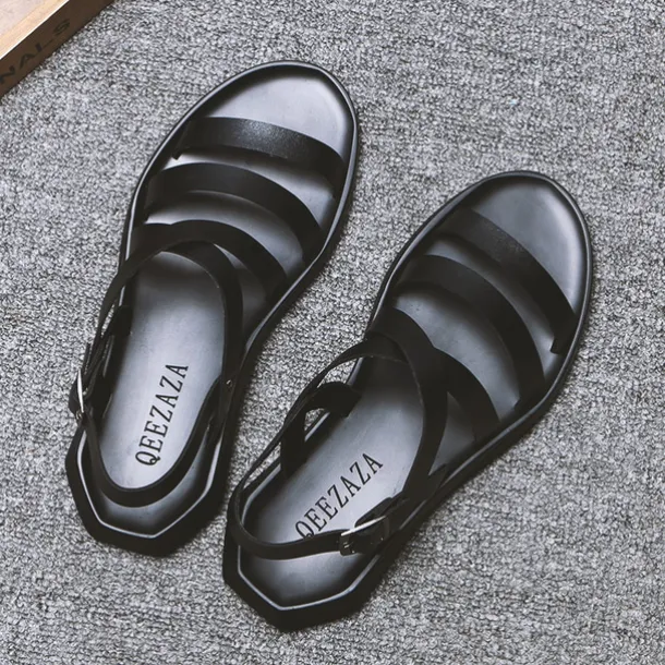 Men's Black Minimalist Faux Leather Sandals - Stylish Cross Strap Design with Buckle Closure for Summer Casual Wear
