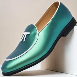 Men's Black Patent Faux Leather Loafers with Yellow Trim and Tassel Detail - Stylish Slip-On Shoes for Wedding, Formal Events and Parties