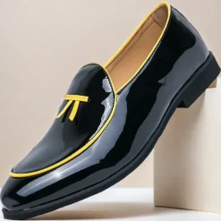 Men's Black Patent Faux Leather Loafers with Yellow Trim and Tassel Detail - Stylish Slip-On Shoes for Wedding, Formal Events and Parties