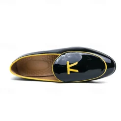 Men's Black Patent Faux Leather Loafers with Yellow Trim and Tassel Detail - Stylish Slip-On Shoes for Wedding, Formal Events and Parties