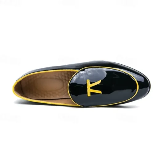 Men's Black Patent Faux Leather Loafers with Yellow Trim and Tassel Detail - Stylish Slip-On Shoes for Wedding, Formal Events and Parties