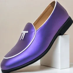 Men's Black Patent Faux Leather Loafers with Yellow Trim and Tassel Detail - Stylish Slip-On Shoes for Wedding, Formal Events and Parties