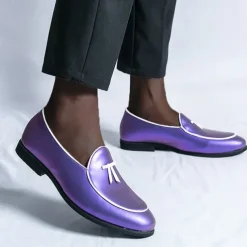 Men's Black Patent Faux Leather Loafers with Yellow Trim and Tassel Detail - Stylish Slip-On Shoes for Wedding, Formal Events and Parties