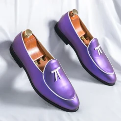 Men's Black Patent Faux Leather Loafers with Yellow Trim and Tassel Detail - Stylish Slip-On Shoes for Wedding, Formal Events and Parties