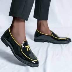 Men's Black Patent Faux Leather Loafers with Yellow Trim and Tassel Detail - Stylish Slip-On Shoes for Wedding, Formal Events and Parties
