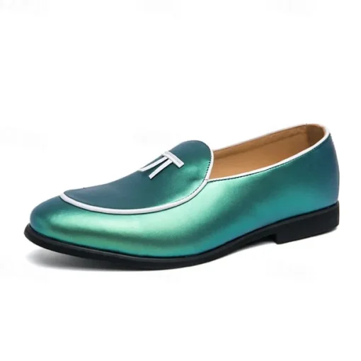 Men's Black Patent Faux Leather Loafers with Yellow Trim and Tassel Detail - Stylish Slip-On Shoes for Wedding, Formal Events and Parties